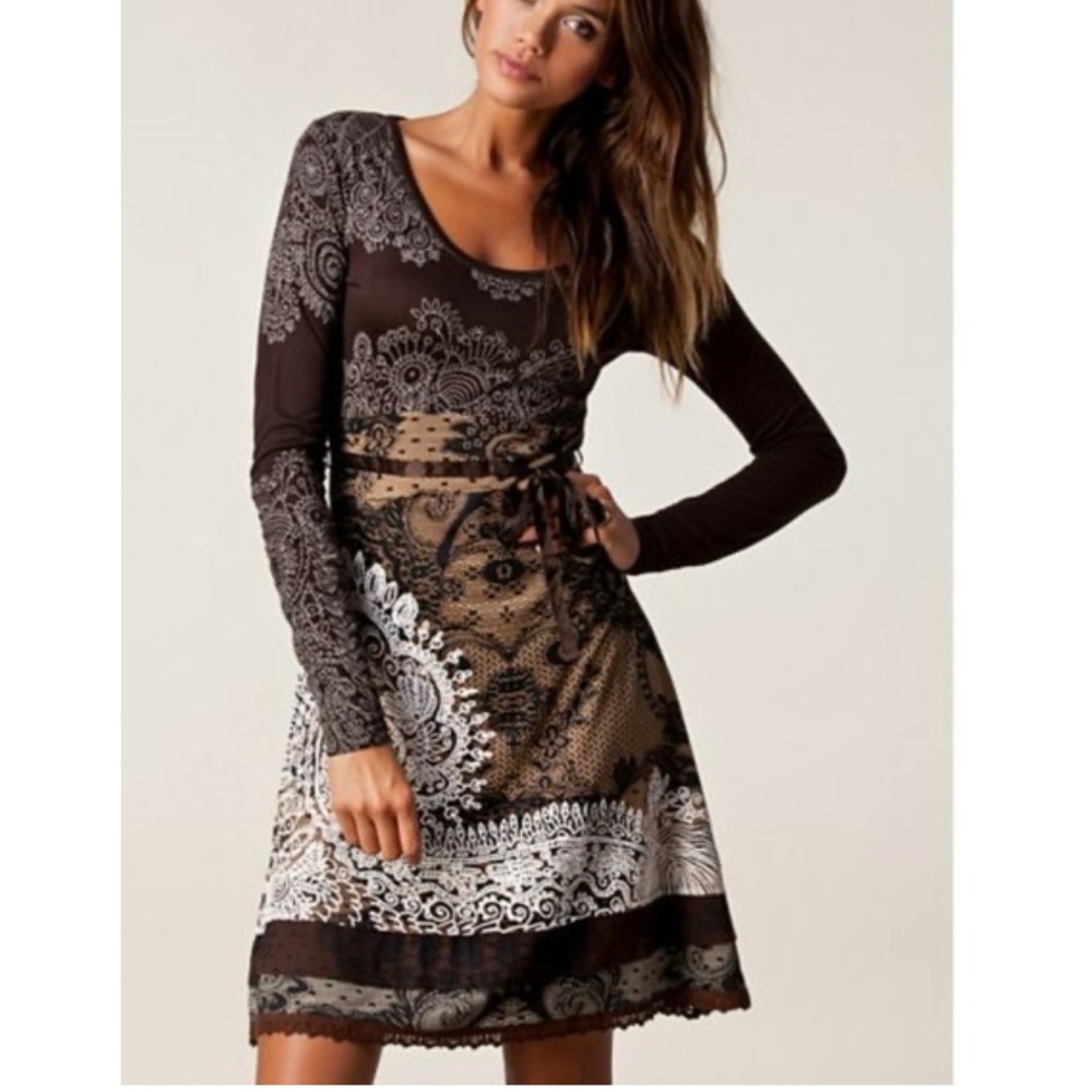 Desigual Womens Long Sleeve Viscose Dress Sz L/US 8 Black/Brown Lace Trim AH